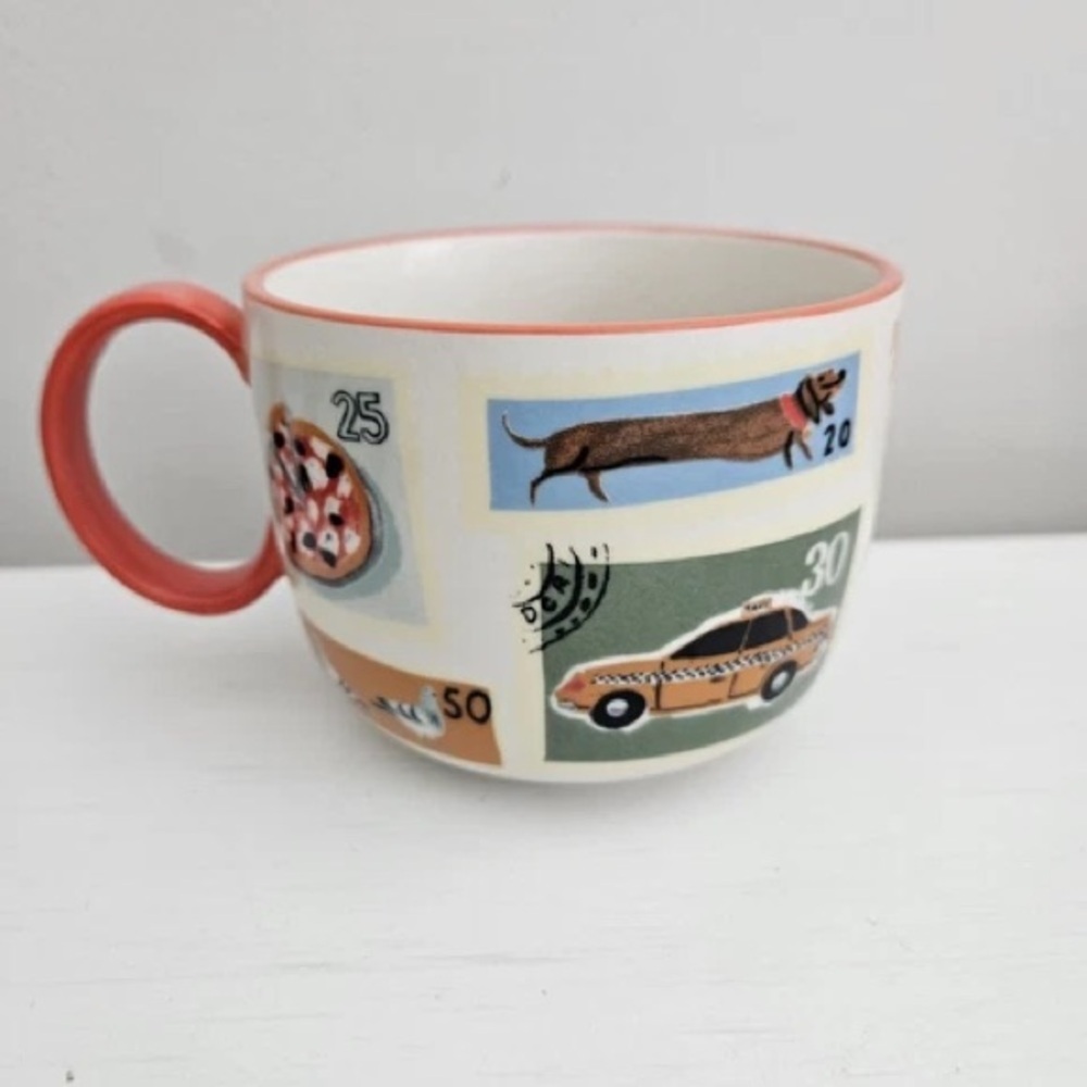 Anthropologie Hello Beautiful Coffee Mug Cup Stamps Travel New without Box